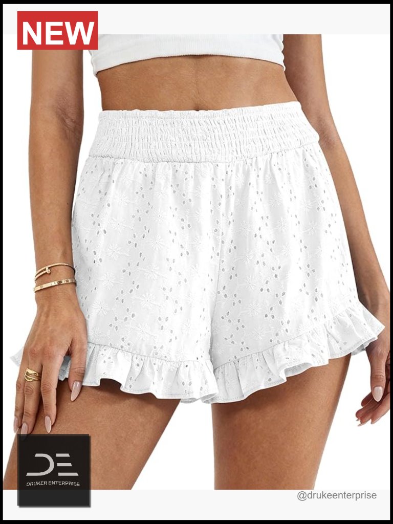 Cotton High Waisted Ruffle Shorts With Pockets Embroidered Summer